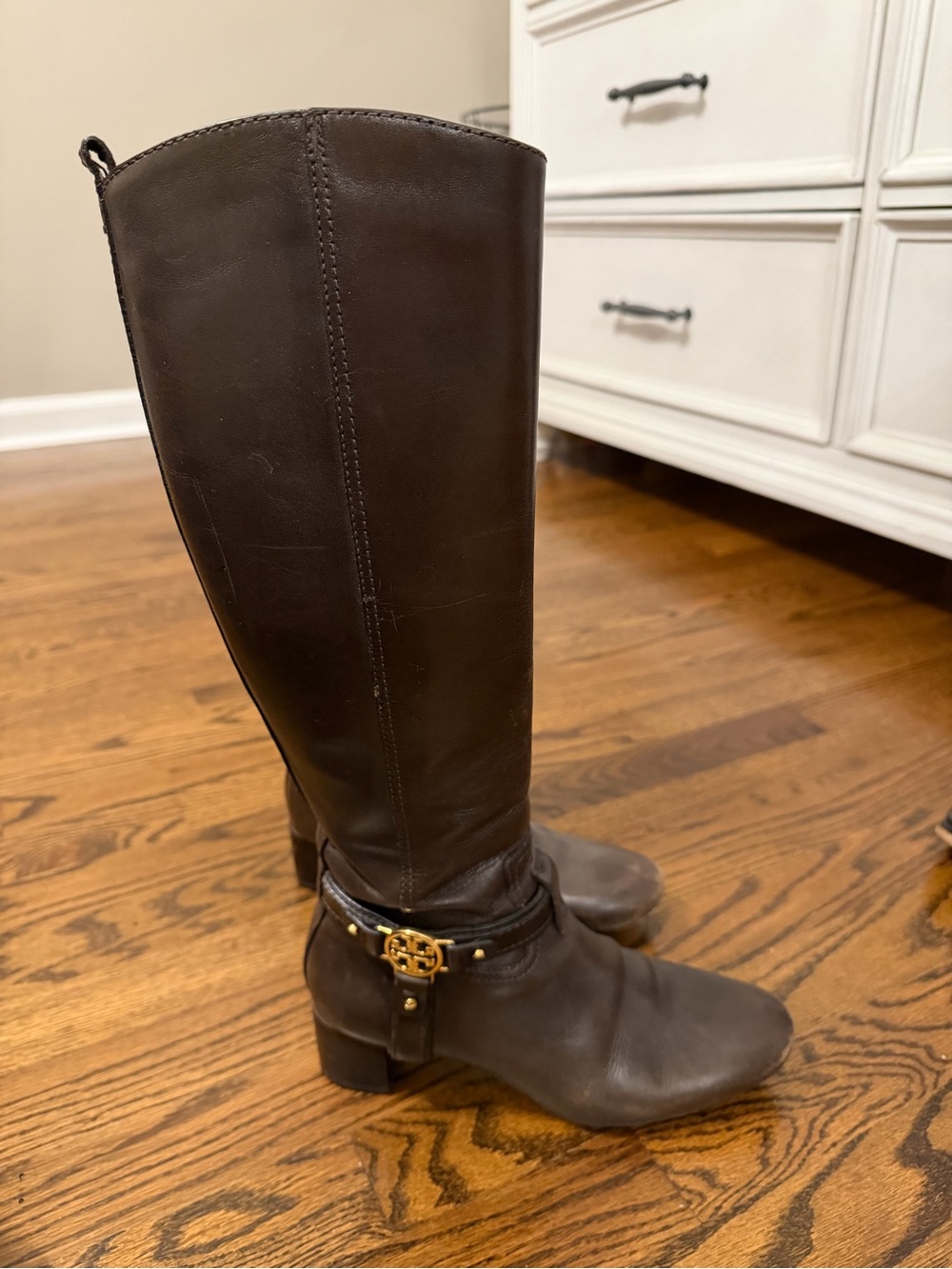 Tory Burch Dark Brown Leather Knee-High Boots with Gold Logo Hardware